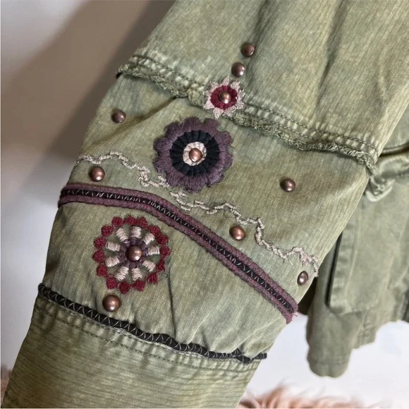 Free People “So Down” Military Olive Utility Jacket with Burgundy Details